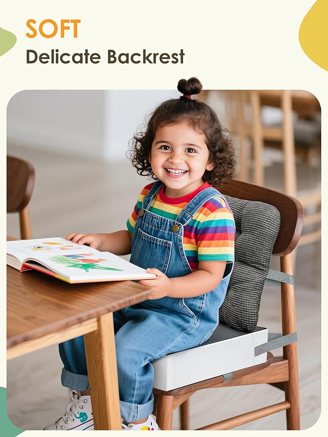 Booster Seat for Kitchen Chair, Adjustable Washable Safety Belts Toddler Booster Seats, PU Non-Slip Kids Dining Table Booster Seat, Portable Travel Increasing Cushion for Child Kid Boy Girl - Gray