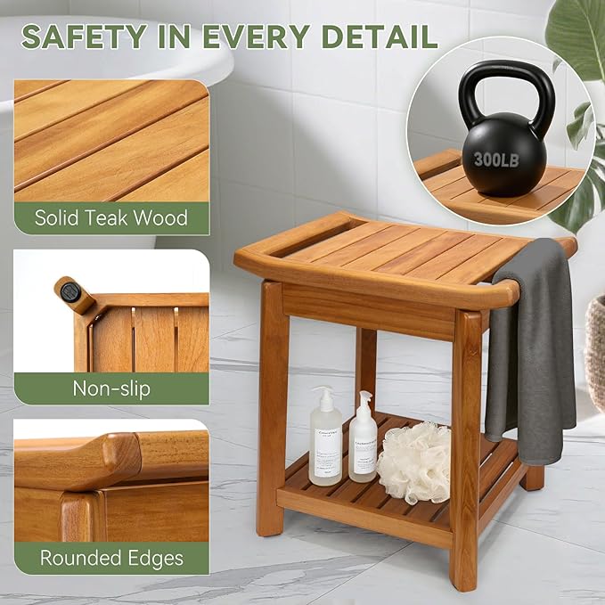 Teak Shower Bench-Solid Teak Wood Shower Chair with Towel Bars & Storage Shelf, Stable Non-Slip Bathroom Stool for Elderly & Recovery, Heavy Duty Shower Seat for Inside Shower & Tub Safety 17 inch