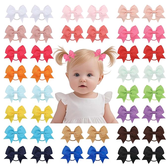 40pcs baby hair ties with Bows Elastic Ponytail Holders Small Hair Accessories for Kids Toddlers Infants. (Mixed color 3)