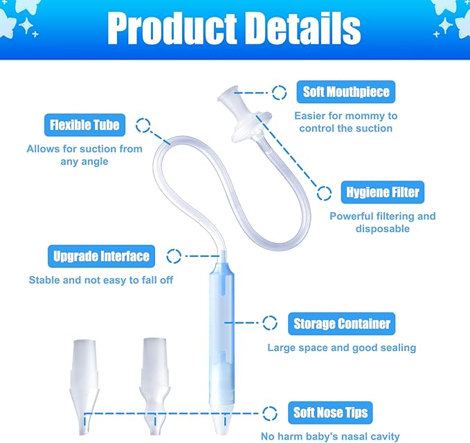 Baby Nasal Aspirator Mouth Suction Nasal Congestion Relief with 2 Silicone Tips with Nose Cleaning Tweezer