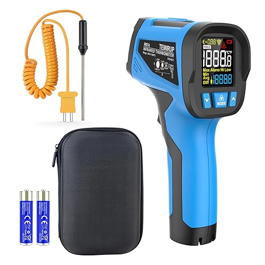 Infrared Thermometer Temperature Gun, -40℉~2462℉, 30:1 Pyrometer High Temp Thermometer with K-Probe, Non-Contact Digital IR Laser Thermometer Temp Gun for Cooking, Engine, Kiln, Forging, HVAC