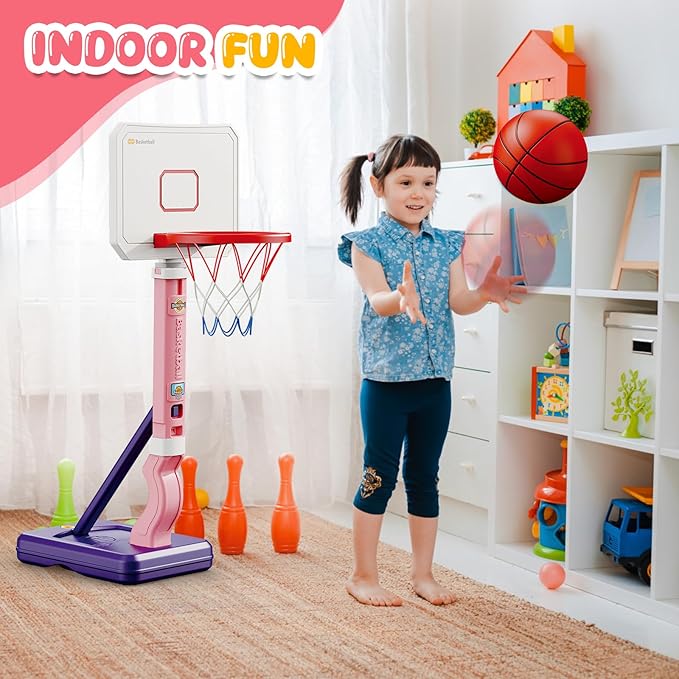 Toddler Basketball Hoop, Adjustable Height 2.3-4.5ft Baby Basketball Goal Set with 4 Balls & Pump, Backyard Poolside Basketball Toy for Boys & Girls Birthday Gift, Pink