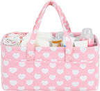 Diaper Caddy Organizer for Baby Girl-Nursery Storage Bin-Portable Car Organizer for Diapers and Baby Wipes- Baby Shower Registry Basket Newborn Must Have Tote Caddy Bag（Pink Heart）