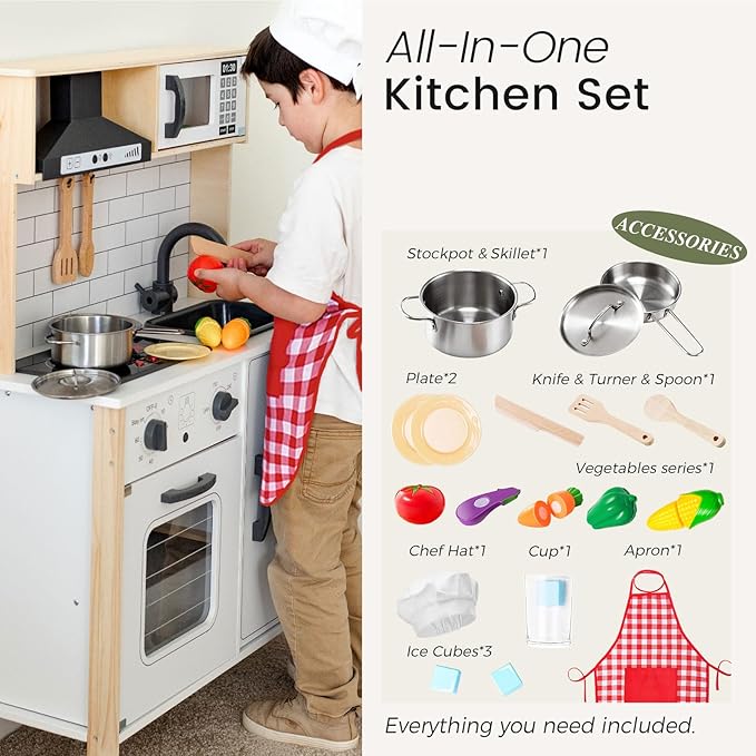 Tiny Land Play Kitchen for Kids, Wooden Kids Play Kitchen Playset Chef Pretend Play Set for Toddlers with Real Lights & Sounds, Toys Kitchen with 18 Pcs Toy Food & Cookware Accessories