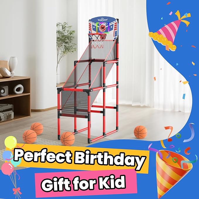 EagleStone 63IN Kids Arcade Basketball Hoop Indoor, LED Scoreboard Basketball Arcade Game Set for Outdoor with Cheer Sounds, Kids Basketball Toys for Boys Girls Age 3-5 5-7 4-8