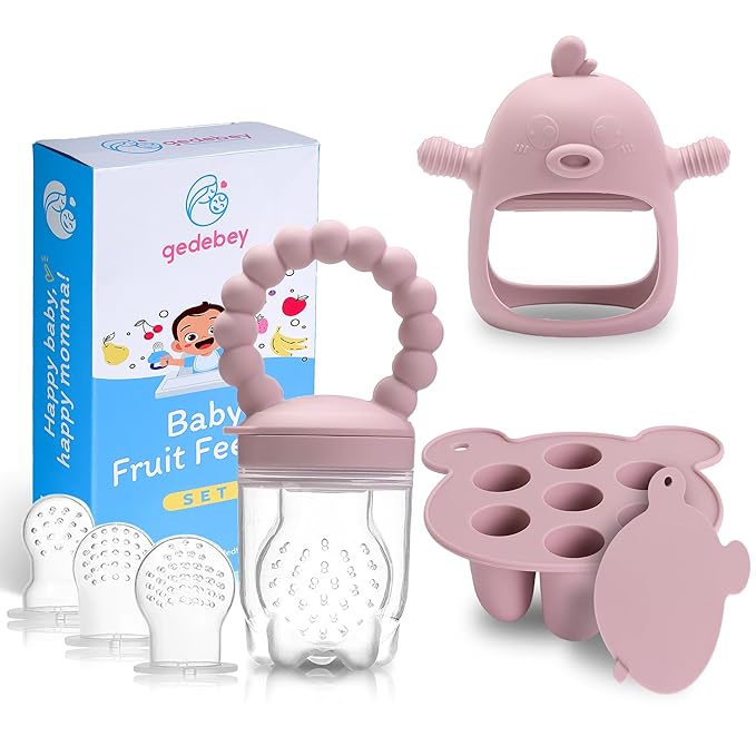 Baby Fruit Feeder & Breastmilk Popsicle Mold Set – 3 Pack Silicone Teething Relief Kit with Food Feeder Pacifier, Freezer Tray with Lid & Baby Teether Toy (Blush)