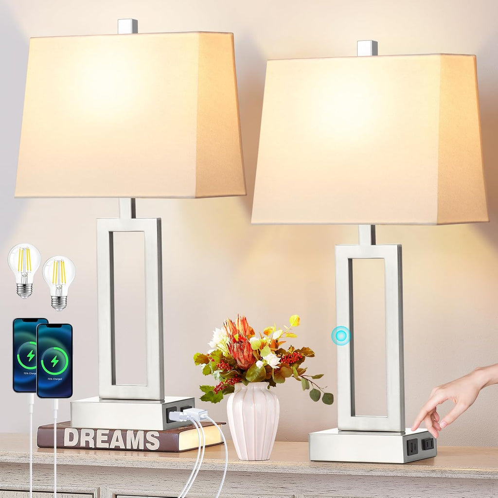Touch Control Table Lamps for Living Room, 3-Way Dimmable Modern Table Lamp with USB A+C Charging Ports & AC Outlets, Bedside Contemporary Nightstand Desk Lamps with Fabric White Shade for Bedrooms