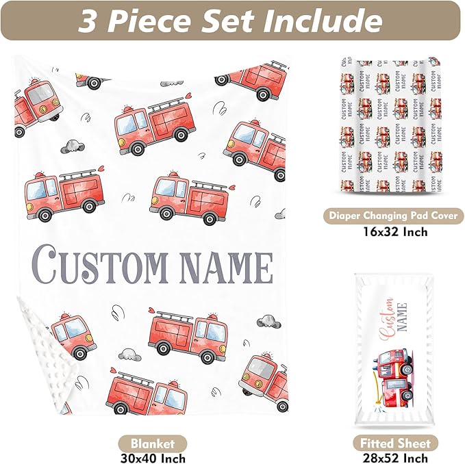 Personalized Baby Crib Bedding Set – Fire Truck Theme Nursery Bedding Sets 3 Piece with Custom Name Blanket, Fitted Crib Sheet & Changing Pad Cover – Ideal Newborn Gift for Boys