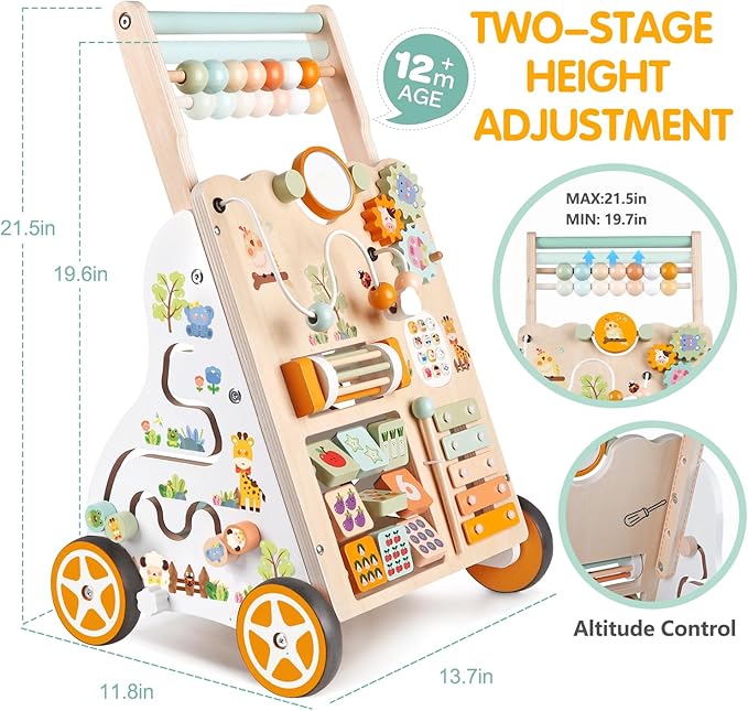 Wooden Baby Walker with Wheels, Push Walker with Baby Activity Center, Montessori Walking Toy for 1 Year Old Girls Boys, Ajustable Speed & Height Activity Toy for Toddler Learning to Walk 12+ Months