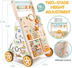 Wooden Baby Walker with Wheels, Push Walker with Baby Activity Center, Montessori Walking Toy for 1 Year Old Girls Boys, Ajustable Speed & Height Activity Toy for Toddler Learning to Walk 12+ Months