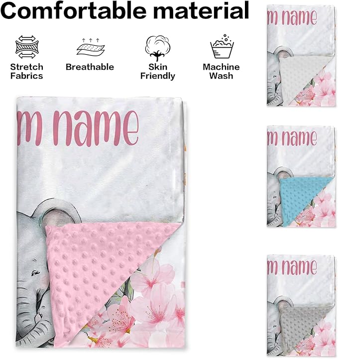 Custom Name Baby Blanket for Girls, Personalized Flannel Blanket with Dotted Backing, Soft and Cozy Swaddle Blanket for Infants and Toddlers, Elephant Love Theme