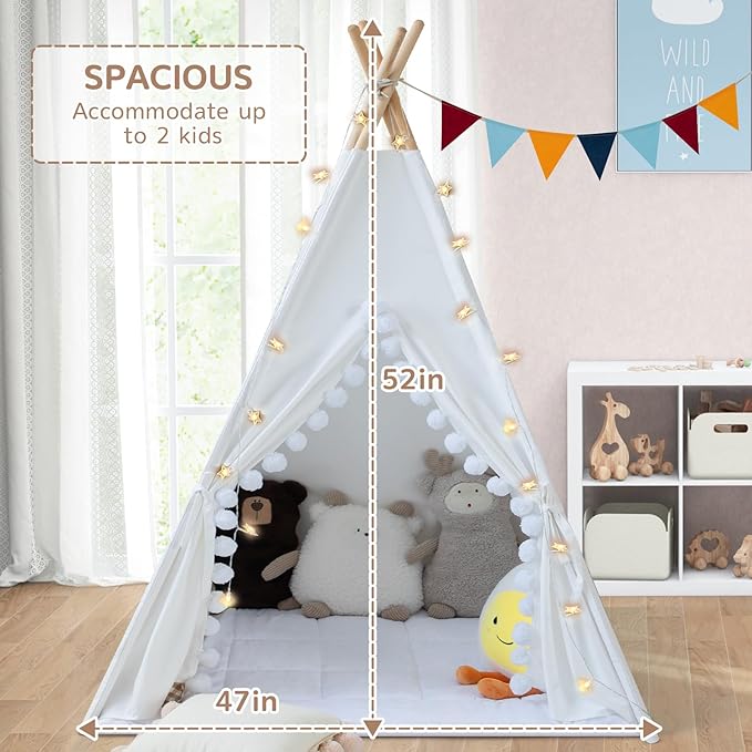 Teepee Tent for Kids with Padded Mat Cotton Canvas Kids Teepee with Pompom for Toddlers Indoor Play Tent for Girls Boys with Stars Lights, Carry Bag, Banner Flag (Snowman)