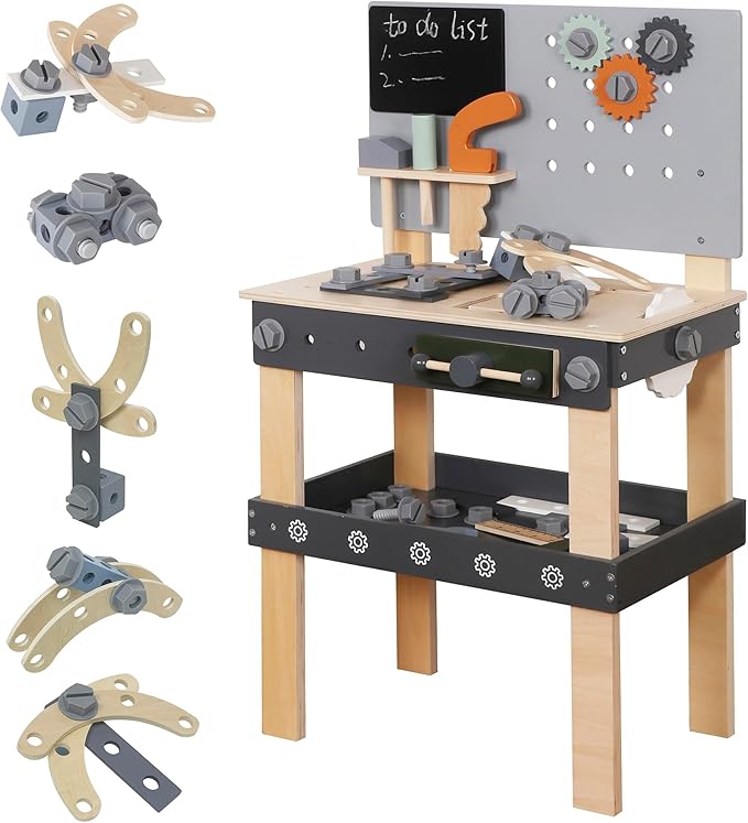 Wooden Toy Workbench for Kids, Construction Workshop Tool Bench Toys,51 Pieces Toy Tools Set w/Storage Space, Educational Gift for Girls & Boys Children 3+Years