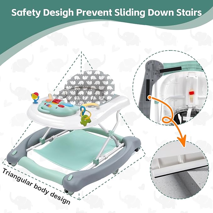 Foldable Baby 5-in-1 Activity Walker - Rocker, Activity Center, Bouncer, Seat Walker, Push Walker - Adjustable Speed Rear Wheels and Height Toys Ages 6-18 Months… (Mint Green)