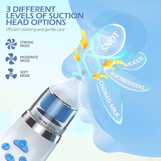 Nasal Aspirator for Baby with Light and Music, Electric Babies Nose Sucker with 3 Soft Silicone Tips, 5 Levels Suction Adjustment Nose Cleaner for Kids Girl Boy Adult Pets