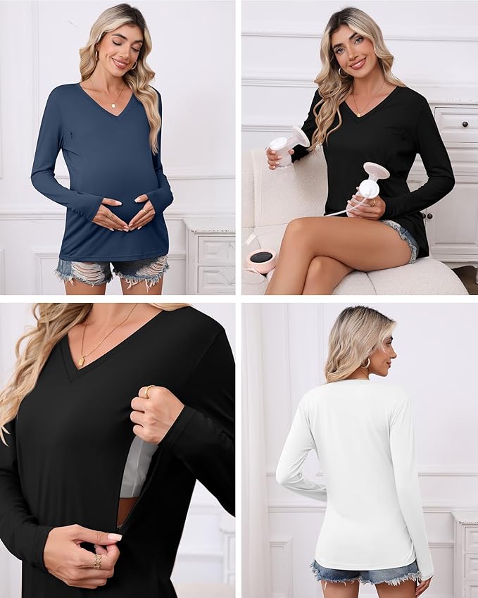 Huukeay 3 Pack Women's Long Sleeve Nursing Tops, Breastfeeding Hidden Zippers Shirts V Neck Maternity Pregnancy Tees Clothes