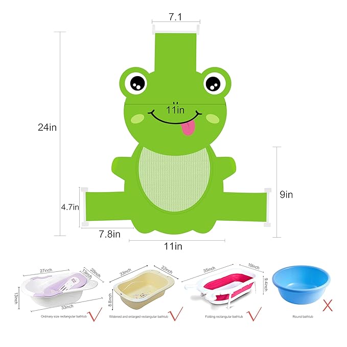 Baby Bath Seat Support Net, Quick Drying, Adjustable, Comfortable, Non-Slip, Infant Bathtub Sling Shower Mesh for a Tub, Soft Newborn Bath Mat (Green Frog)