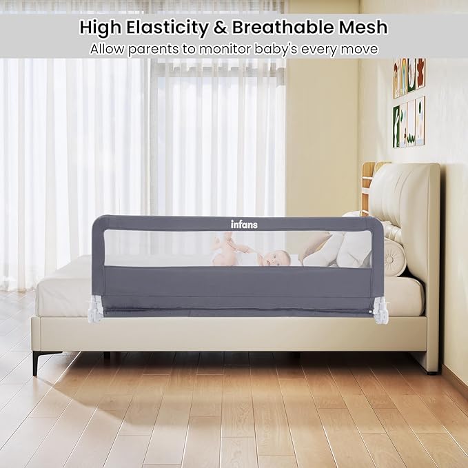 INFANS Bed Rail for Toddlers, 59" Foldable Safety Baby Crib Rail Fit for Kids Twin, Extra Long Swing Down Bed Guardrail for Convertible Crib, Queen, Full, King Mattress Side Guard (Gray)