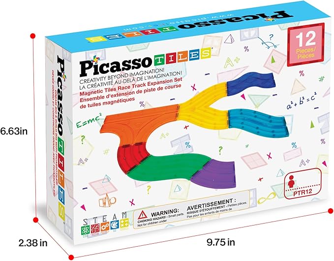 PicassoTiles 12pcs Race Track Add-On Magnetic Railway 5Styles Building Block Set Magnet Tiles Construction Toy STEM Learning Early Education Toys Blocks Child Brain Development for Kids Age 3+ PTR12