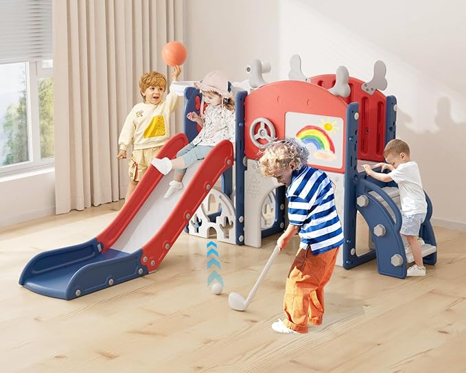 YUFU 12 in 1 Kids Slide for Toddlers, Toddler Slide Playset with Golf, Drawing Board, Climber, Basketball Hoop and Storage Space, Indoor Outdoor Toddler Playground for Kids Age 1-3 (Blue Red)