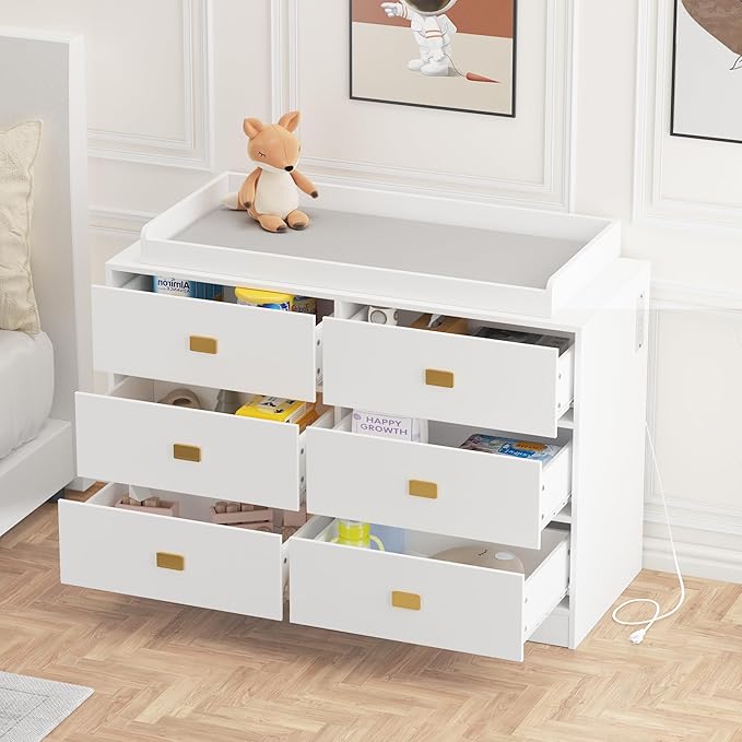 Dresser for Bedroom with 6 Drawers, Changing Table Dresser with Power Outlets, Soft Changing Pad & Removable Top, Baby Dresser with Changing Table Top for Nursery, White