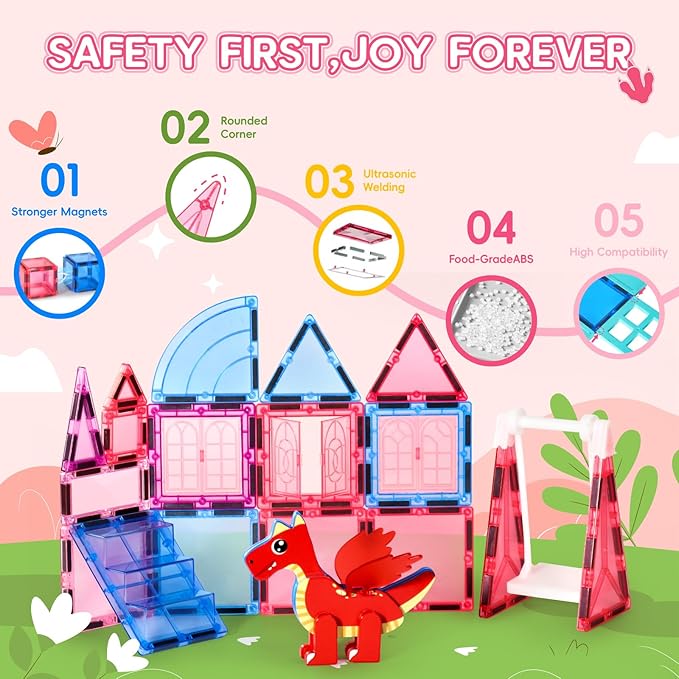 Magnetic Tiles for Kids Age 4-8 with Dragon, 36 Piece Princess Castle Magnet Tiles for Girls, Movable Dragon Toys for 3+, Creative Magnetic Construction Building Set for Class, Xmas Gift for Grandkids