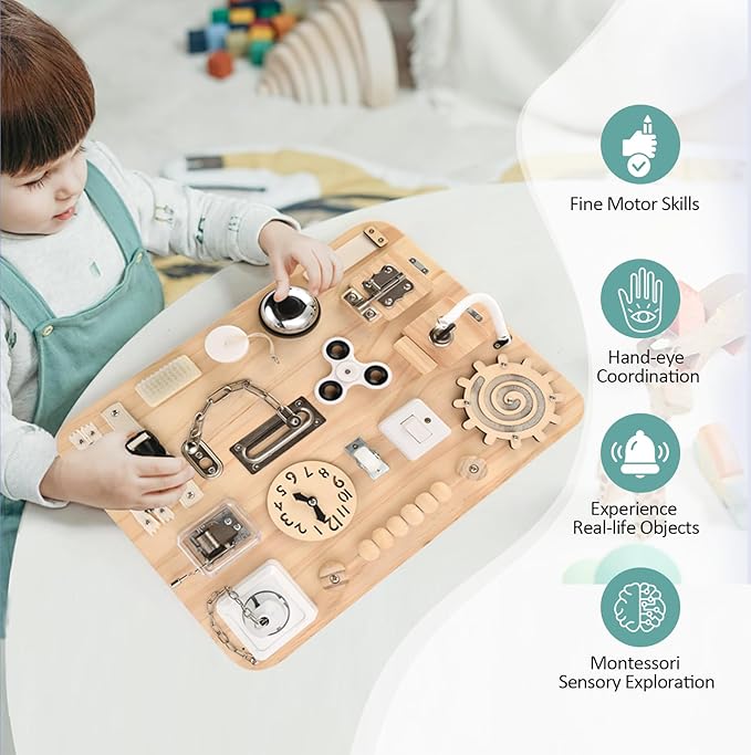 Wooden Busy Board for Toddlers - Montessori Sensory Activity Board for Fine Motor Skills and Early Learning - Travel Toys for Kids - Sensory Toys for autism or ADHD - Ideal for Educational Gifts