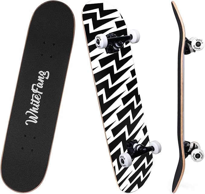 WhiteFang Skateboards for Beginners, Complete Skateboard 31 x 7.88, 7 Layer Canadian Maple Double Kick Concave Standard and Tricks Skateboards for Kids and Beginners
