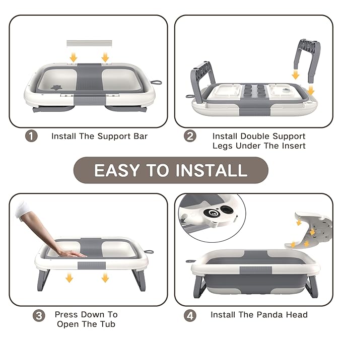 Collapsible Baby Bathtub for Newborn to Toddler (0-24 Months), Portable Baby Bath Tub for Travel, Newborn Bathtub with Soft and Supportive Cushion (Panda-Gray)