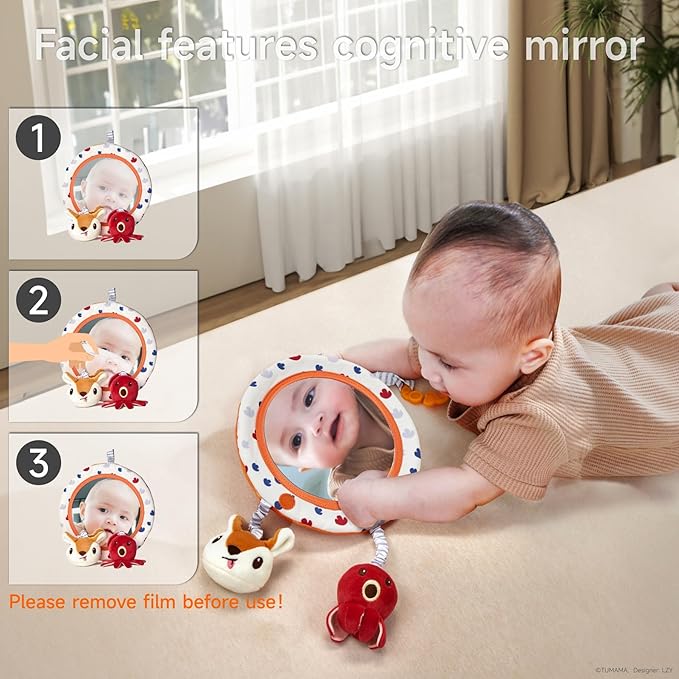 TUMAMA Car Seat Toys 3 6 9 12 Months, Plush Animal Rattle Mirror Soft Crinkle Book Baby Enlightenment Toy Set, Newborn Crib Stroller Play Gym Hanging Toys