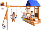 6-in-1 Wooden Playground Playsets for Backyards, Outdoor Swing Sets for Kids Ages 3-6, Little Playground Set with Picnic Table, Drawing Board, Sandbox, Swings, Basketball Hoop & Soccer Net