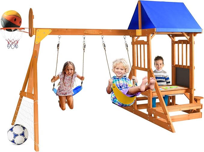 6-in-1 Wooden Playground Playsets for Backyards, Outdoor Swing Sets for Kids Ages 3-6, Little Playground Set with Picnic Table, Drawing Board, Sandbox, Swings, Basketball Hoop & Soccer Net