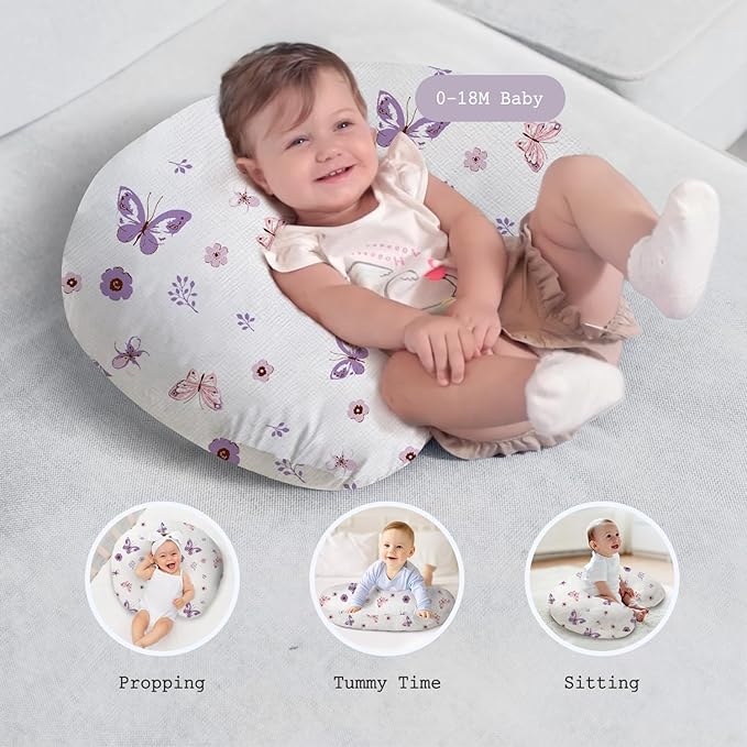 Little Grape Land Nursing Pillow, Soft 100% Cotton Breastfeeding Pillow with Breathable Muslin Removable Cover, Purple Butterfly Breast Feeding Pillows for Babies 0-12 Months with Protective Zipper