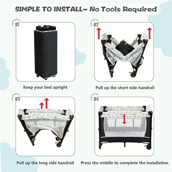 Kinder King 4 in 1 Portable Baby Playard, Foldable Baby Bedside Crib w/Bassinet, Infant Pack and Play Playard Toddler Large Playpen, Newborn Changing Table, Storage Basket,Multicolour