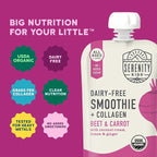 Serenity Kids 6+ Months Dairy-Free Smoothie Baby Food Pouch - USDA Organic - Grass Fed Collagen Protein - 3.5 Ounce BPA-Free Pouch - Beet & Carrot - 6 Count