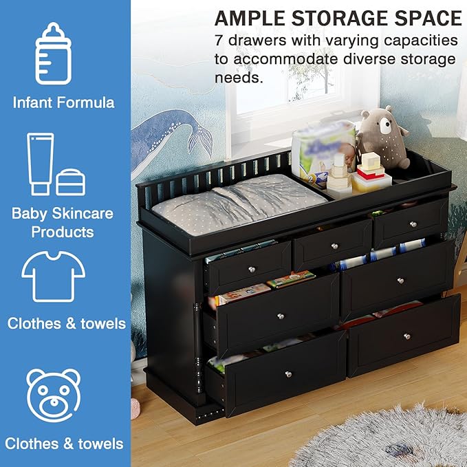 Baby Dresser with Changing Table Top, Black Dresser for Nursery with 7 Storage Drawers, Multi-Functional Baby Changing Table, Modern Diaper Nursery Dressers Station for Kids Bedroom