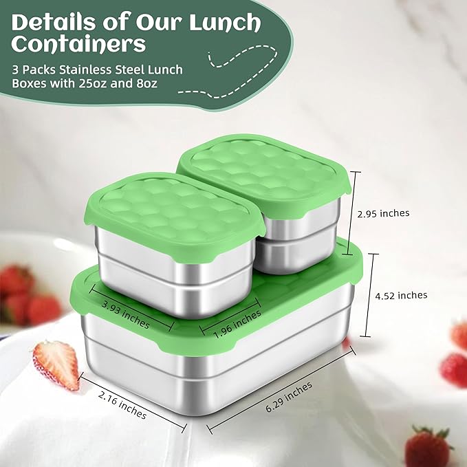 HaWare Stainless Steel Lunch Box Containers for Kids, Leak Proof Food Storage Containers with Green Silicone Lids, Easy Open Bento Box for School and Daycare, Portable Metal Snack Box (8oz*2+25oz)