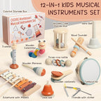 Toddler Musical Instruments Set, Montessori Baby Wooden Toys for Toddlers 1-3, Percussion Instruments for Kids with Xylophone, Neutral Colors Preschool Music Toys