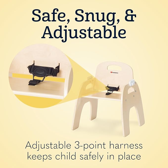 Foundations Easy Serve 11" Wood Feeding Chair for Toddlers, Adjustable Harness, Removable Dishwasher Safe Tray, “No Tip” Base, Baltic Birch Plywood