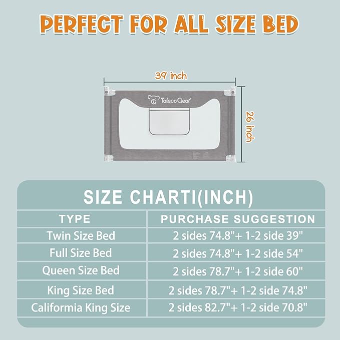 G TALECO GEAR Bed Rail for Toddlers, Stable Protective Bed Side Rails, Baby Bedrail Guard for Twin Full Queen & King Size Bed (39 Inch, 1 Piece)