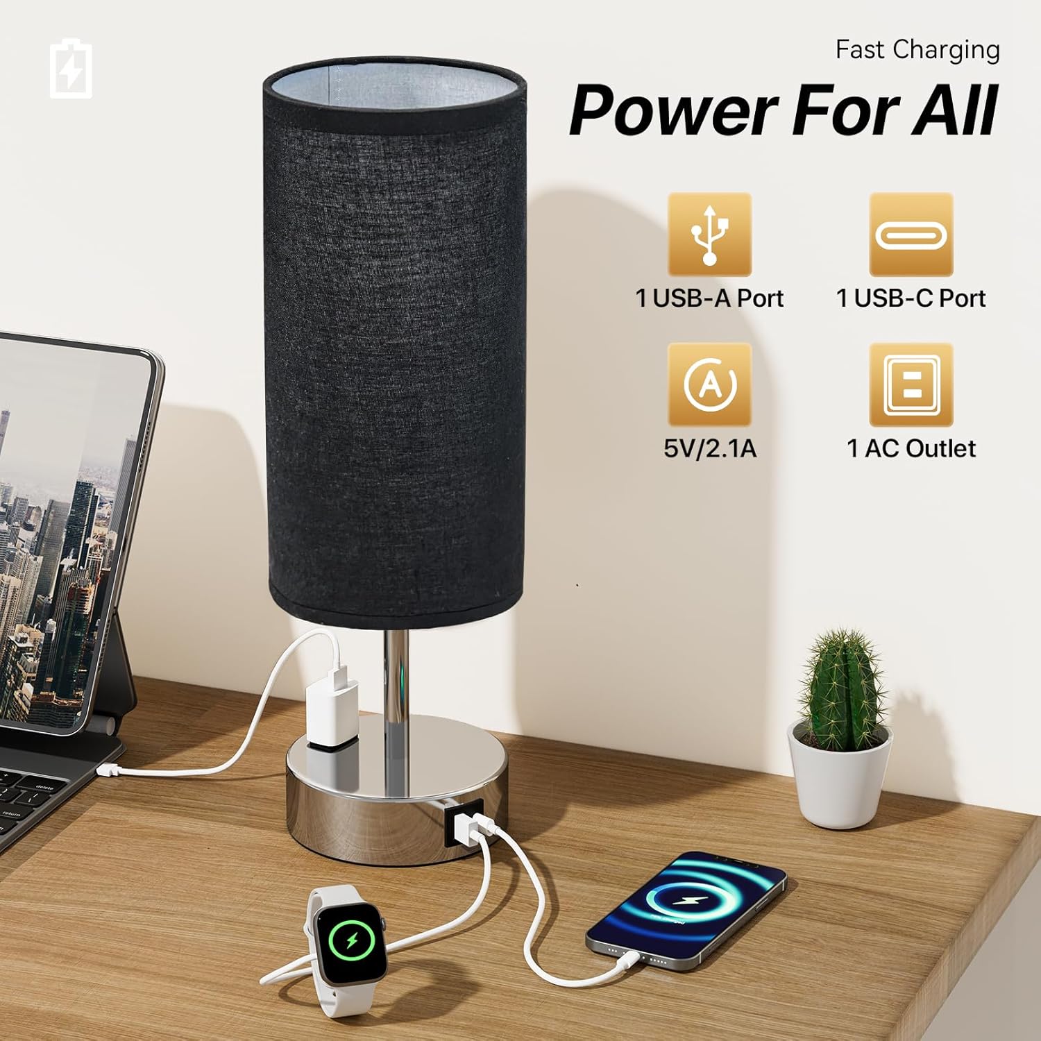 KPQ Small Bedside Lamp Touch Control Table Lamp with USB A+C Charging Ports & AC Outlet 3-Way Dimmable Nightstand Lamp with Linen Fabric Shade for Bedroom Living Room