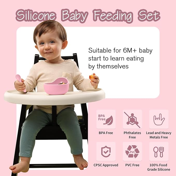 Baby Led Weaning Supplies, 17 Piece BPA-Free Silicone Feeding Set, Eating Essentials Baby Utensils with Suction Plate and Bowl, Pocket Bib, Sippy Cup with Lid, for 6+ Months, Pink