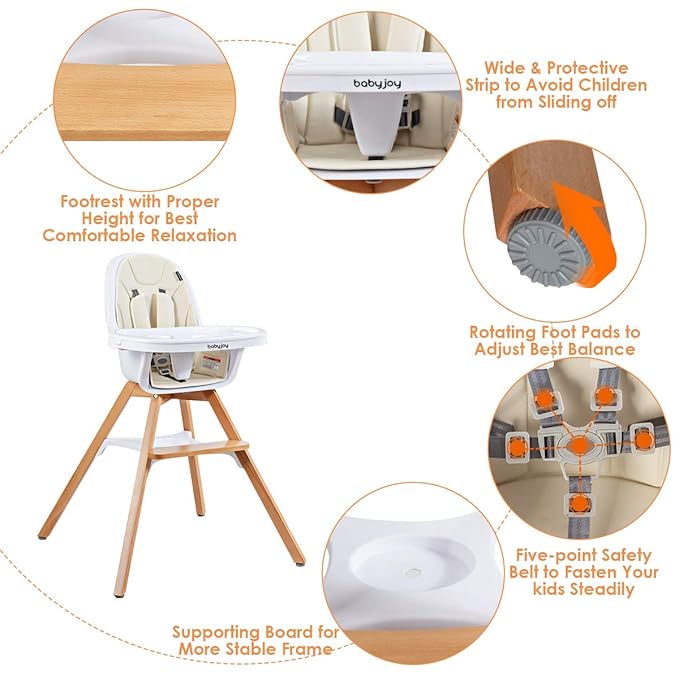 BABY JOY 3 in 1 High Chair, Baby Eat & Grow Convertible Wooden High Chair/Rocking Chair/Booster Seat/Toddler Chair, Infant Dining Chairs w/Double Removable Tray, 5-Point Seat Belt & PU Cushion, Beige