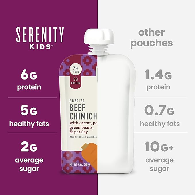 Serenity Kids 7+ Months Baby Food Puree Pouches Beef Chimichurri - Ethically Sourced Meat & Organic Veggies - BPA-Free Pouches - Toddler Food & Baby Snack - 3.5 Oz, 12 Pack