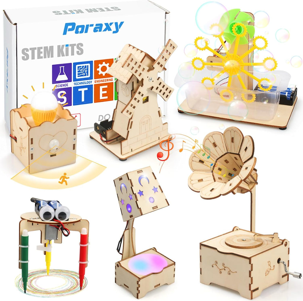 Poraxy STEM Kits for Kids Age 8-10-12, 6 in 1 Science Kits, Wooden 3D Puzzles, Toys for Ages 8-13, Building Projects Crafts Model Kits, Birthday Gifts for Boys Girls Ages 7 8 9 10 11 12 13 Years Old