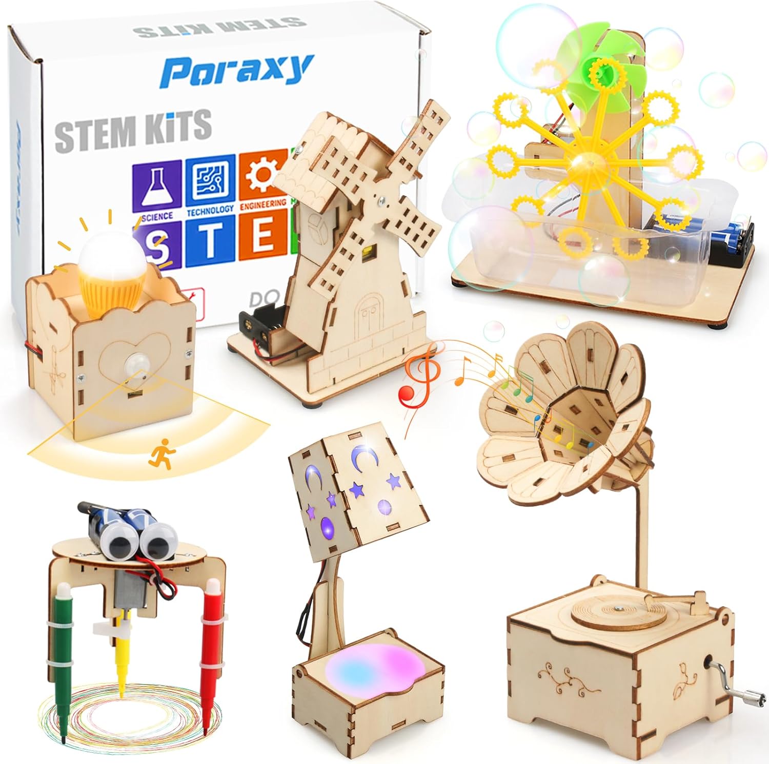 Poraxy STEM Kits for Kids Age 8-10-12, 6 in 1 Science Kits, Wooden 3D Puzzles, Toys for Ages 8-13, Building Projects Crafts Model Kits, Birthday Gifts for Boys Girls Ages 7 8 9 10 11 12 13 Years Old