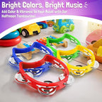Flexzion Half Moon Musical Tambourine Set of 4, Red Yellow Blue Green, Double Row Metal Jingles Hand Held Percussion Drum with Ergonomic Handle Grip