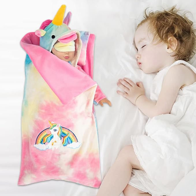 American 18 inch Doll Clothes and Sleeping Bag Set - Rainbow Unicorn Doll Costume with Unicorn Style Sleeping Bag, Pillow, Eye Mask Slumber Party Accessories