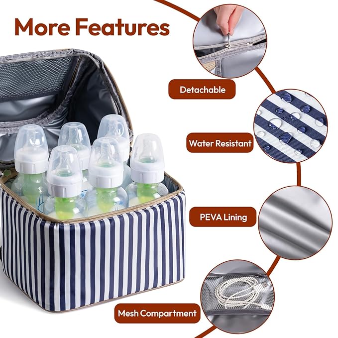 NCVI Breastmilk Cooler Bag with 2 Ice Pack, Breast Pump Bag with Cooler Fits 6 Bottles, Double Layer Breast Milk Baby Bottle Cooler Bag, for Travel, Nursing Mom Daycare, Work, Picnic (Stripe)