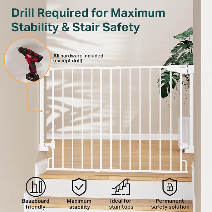 Cumbor 2 Pack 29.2-43" No Bottom Bar Baby Gate for Stairs, 2-in-1 Auto Close Dog Gate Indoor, Hardware Mounted Pet Gate for Doorways with Large Walk Thru Door, Child-Proof Safety Gate for Kids (White)